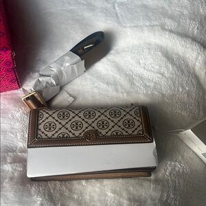 Tory Burch Brown and Cream purse with Geometric Pattern